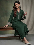 Varanga Women Green Embroidered Long & Flared Sleeves Kurta With Tonal Bottom