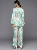Varanga Women Teal Abstract Printed V-Neck Angrakha Style Top With Printed Flared Bottom