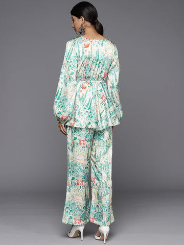 Varanga Women Teal Abstract Printed V-Neck Angrakha Style Top With Printed Flared Bottom