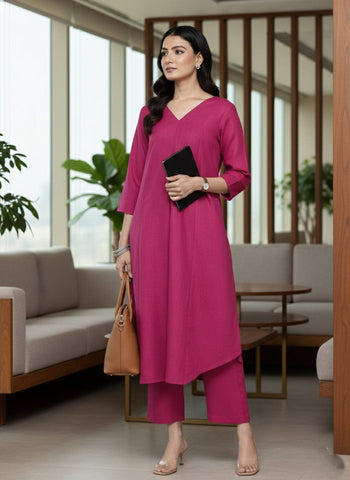 Varanga Women Magenta Solid A-Line Kurta Paired With Tonal Bottom