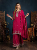 Fuchsia Straight-Fit Kurta With Zari Embroidery And Scallop Detailing, Paired With Sharara And Dupatta.
