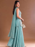 Sea Blue Embroidered Kurta Set Featuring Zari And Sequin Work With A Matching Flared Palazzo And Embellished Dupatta