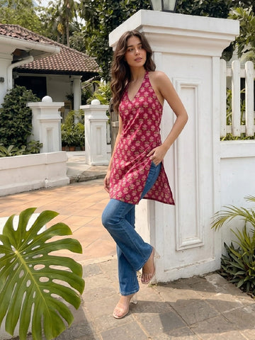 Women's Magenta Floral Halter-Neck Lace-Up Top