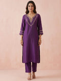 Women's Purple Embroidered Kurta Set With Embellished Net Dupatta