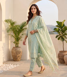 Zari-Embroidered Kurta Paired With Solid Trousers And A Tonal Dupatta .