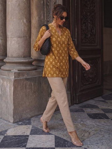 Women's Earthy Brown Block Print Short Kurta