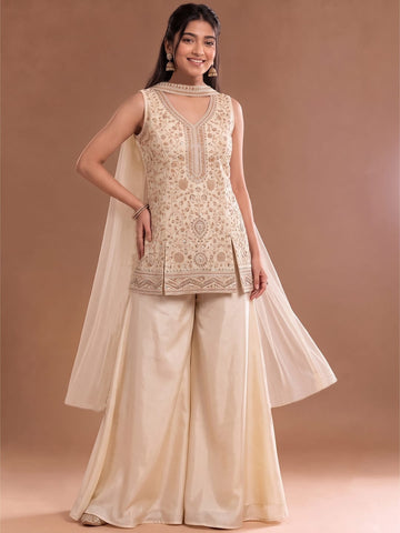 White Embroidered Kurta Set Featuring Zari And Sequin Work With A Matching Flared Palazzo And Embellished Dupatta