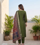 Varanga Women Olive Green Round Neck Kurta With Tonal Bottom & Printed Dupatta