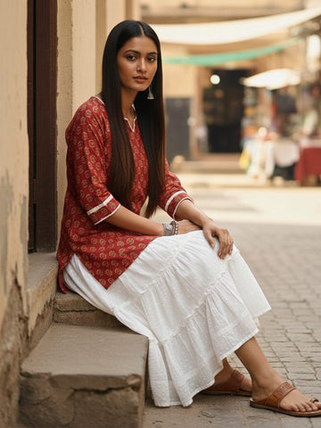 Varanga Ethnic Maroon Paisley Top with Notched V-Neckline