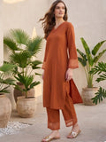 Varanga Women Rust Straight Kurta Paired With Tonal Trouser