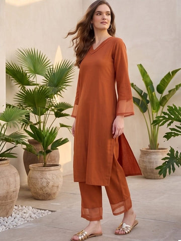 Varanga Women Rust Straight Kurta Paired With Tonal Trouser