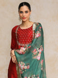 Varanga Women Maroon Yoke Design Kurta with Trousers & With Dupatta