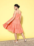 Varanga Peach Coloured Polka Dot Printed Crepe A-Line Dress