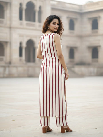 Sleeveless Striped Kurta Set with Printed Yoke and Matching Trousers