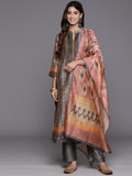 Varanga Women Ikkat Printed Grey Peach Mandrin Collar Straight Kurta With Bottom And Printed Dupatta