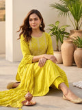 Bandhani-Printed Anarkali With Zari-Embroidered Yoke, Paired With Solid Trousers And Dupatta