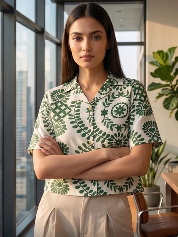 Green Coloured Short Sleeves Shirt Collar Top