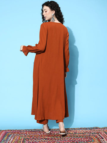 Varanga Women Rust Solid Empire Kurta with Trousers