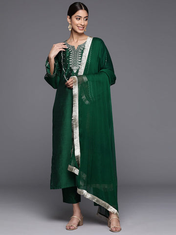 Varanga Women Round Neck Sequinned & Zari Kurta & Trouser With Fringed Detail Dupatta