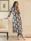 Navy Blue A-Line Kurta Set Featuring A Split Mandarin Collar