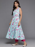 Varanga Women Blue Floral Printed Anarkali Kurta With Tonal Bottom And Dupatta