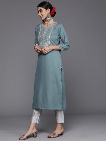 Varanga Women Blue & Silver Sequinned Yoke Design Kurta With Trousers & Dupatta