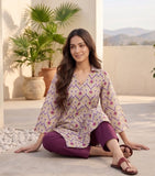 Varanga Women Off White Ikat Printed Shirt Collar Straight Kurta  Paired With Violet Solid Bottom