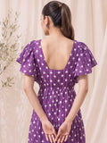 Women's Purple Ethnic Print Tiered Maxi Dress With Flutter Sleeves