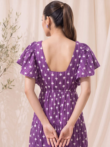 Women's Purple Ethnic Print Tiered Maxi Dress With Flutter Sleeves