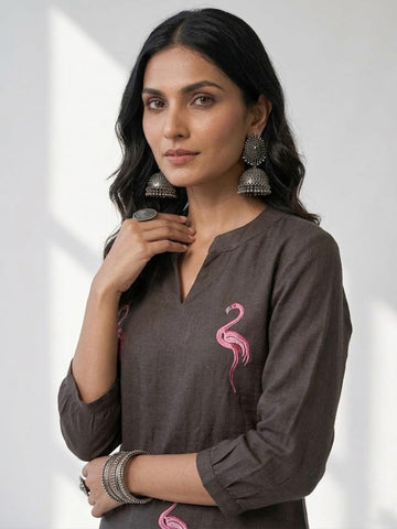 Bird of Grace Embroidered Charcoal Kurta Set