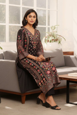 Varanga Women Black Ethnic Floral Printed Kurta With Solid Trouser.