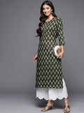 Varanga Olive Green Ethnic Motifs Printed Gotta Patti Straight Kurta with Button Detail