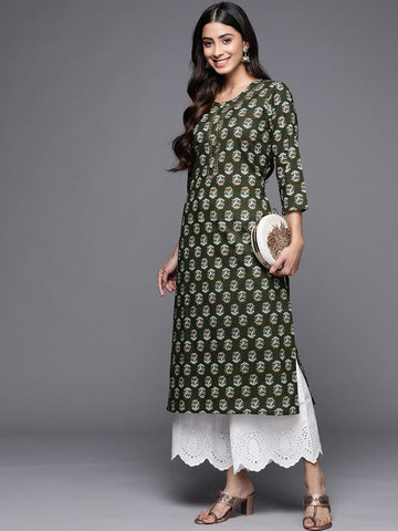 Varanga Olive Green Ethnic Motifs Printed Gotta Patti Straight Kurta with Button Detail