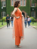 Sleeveless Orange Kurta with Floral Dupatta and  Pants