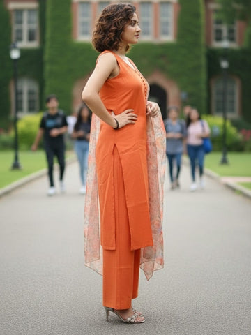Sleeveless Orange Kurta with Floral Dupatta and Pants