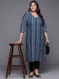 Varanga Women Blue And White Striped Straight Kurta With V Shape Neckline And 3/4Th Sleeves