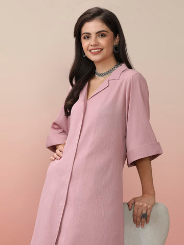 Varanga Women Pink Shirt Collar Neck A-Line Kurta Paired With Tonal Bottom