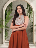 Varanga Women Rust Yoke Embroidered Sleeveless Flared Kurta With Trousers.