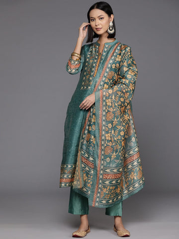 Varanga Women Blue Floral Printed Straight Kurta Paired With Tonal Bottom And Printed Dupatta