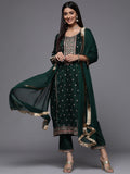 Varanga Green Ethnic Motifs Embroidered Sequinned Kurta With Trousers Dupatta