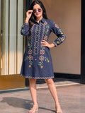 Blue Embroidered Shirt Dress Featuring Vibrant Floral Threadwork