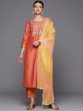 Varanga Women Orange Embroidered Sequinned Kurta with Trouser & With Dupatta