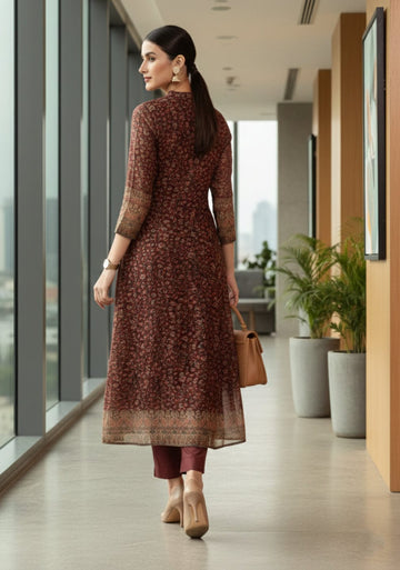 Varanga Women Brown Printed Straight Kurta Paired With Solid Bottom And Printed Dupatta