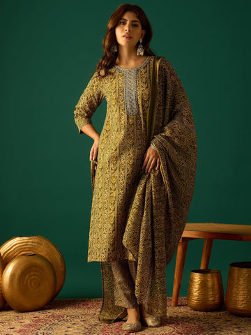 Kurta Set With Zari Yoke Embroidery, Printed Trousers, And Floral Dupatta