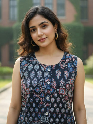 Varanga Sleeveless Ethnic Printed Straight Kurta with Round Neck