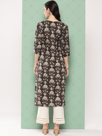 Varanga Women Grey Floral Printed Straight Kurta With Three Quarter Sleeves