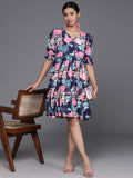 KSUT navy blue floral print puff sleeves tiered a line dress