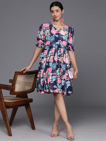 KSUT navy blue floral print puff sleeves tiered a line dress