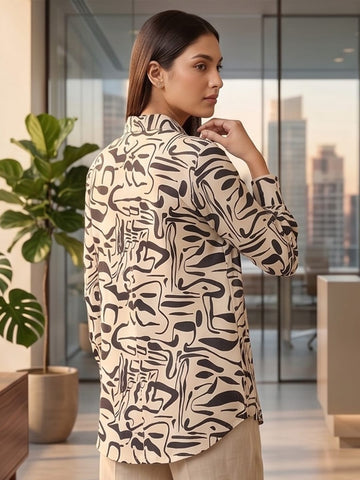 Cream Coloured Slim Collar Long Sleeves Geometric Shirt