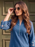 Womens Embroidered Blue Notch-Neck Kurta & Straight Pant Set